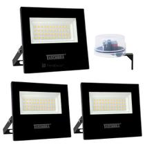 Kit 3 Refletores LED Taschibra TR 50 Slim Preto + Relé Fotocélula Qualitronix QR51 Corujito