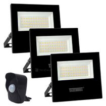 Kit 3 Refletores LED Taschibra TR 50 Slim Preto + Sensor de Movimento com Fotocélula Qualitronix QA26M