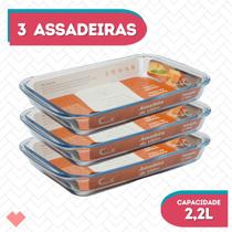 Kit 3 Refratário Vidro Retangular 2,2L Assadeira S/ Tampa