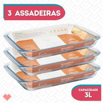 Kit 3 Refratários Vidro Retangular 3L Sobremesesas Freezer