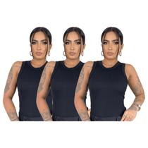 Kit 3 Regata Feminina Ribana Canelada Algodão Premium Preta