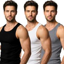 Kit 3 Regata Masculina Slim Fit Ribana Canelada Estilo Americana Premium Academia Casual Verão