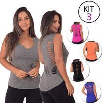 Kit 3 Regatas Academia Feminina Blusa de malhar Camiseta Fitness Lisa até o GG Recortes laser