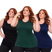 Kit 3 Regatas Femininas Plus Size Alça Larga Sem Bojo Malha Viscolycra com Elastano Decote Redondo
