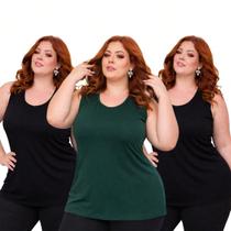 Kit 3 Regatas Femininas Plus Size Alça Larga Sem Bojo Malha Viscolycra com Elastano Decote Redondo