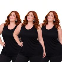 Kit 3 Regatas Femininas Plus Size Alça Larga Sem Bojo Malha Viscolycra com Elastano Decote Redondo