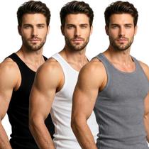 Kit 3 Regatas Masculina Canelada Slim Fit Ribana Premium Estilo Americana Academia Casual