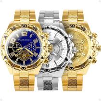 Kit 3 relogio masculino original aço banhado inox revenda casual social presente original inoxidavel prata