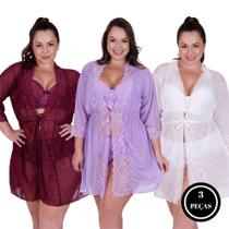 Kit 3 Robe Plus Size Roupão Sensual - c5 KIT 3 IZA LILÁS BRANCO BORDO