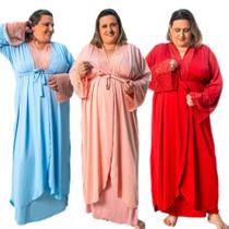 Kit 3 Robes Longo Feminino Plus Size Renda Maternidade Gestante