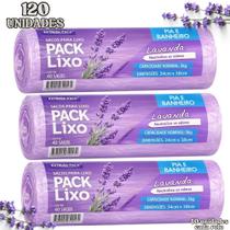Kit 3 Rolos de Saco de Lixo Pack Lixo 34 x 38cm Pia Banheiro Lavanda 120 Unidades Total