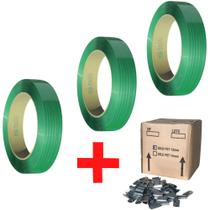 Kit 3 Rolos Fita de Arquear Pet Verde 13mm com 1cx Selo 13mm 1500 peças