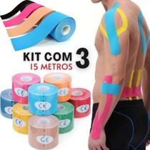 Kit 3 Rolos Kinesio Tape Fita Bandagem Elástica Funcional Fisioterapia Esporte Reabilitação 15 Metros