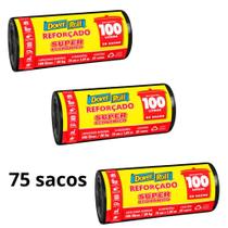 Kit 3 rolos saco de lixo reforçado dover roll 100l alta resistência, pacote com 25 unidades