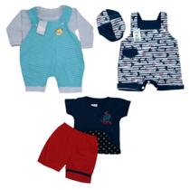 Kit 3 roupinhas para bebês conjunto, macacão com bonezinho e jardineira