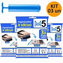 Kit 3 Saco a Vácuo 50x60cm Organizador Hermético para Mala de Viagem Guarda Roupa + Bomba