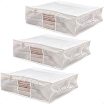 Kit 3 Saco Organizador M Capa Protetora Rouparia Roupas Cobertos Toalhas Cama Mesa Banho Com Zíper 50x45x15cm