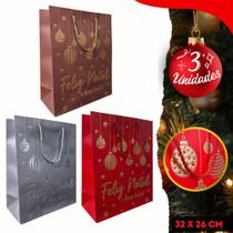 Kit 3 Sacolas de Presente Natalina Feliz Natal alto relevo alça cordão acetinado luxuosa design lindo 32x26x12cm Kit 3 Sacolas de Presente Natalina Feliz Natal alto relevo alça cordão acetinado luxuosa design lindo 32x26x12cm