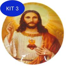 Kit 3 Sagrado Coração Jesus Prato Com Suporte