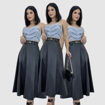 Kit 3 Saia Longa Feminina material sintético Cintura Alta Rodada