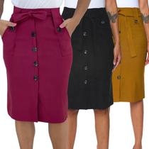 Kit 3 Saias Midi Babado Moda Evangélica Com Botões e Bolsos Kit 3 Saias Midi Babado Moda Evangélica Com Botões e Bolsos