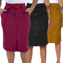 Kit 3 Saias Midi Babado Moda Evangélica Com Botões e Bolsos