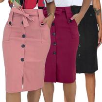 Kit 3 Saias Midi Babado Moda Evangélica Com Botões e Bolsos Kit 3 Saias Midi Babado Moda Evangélica Com Botões e Bolsos