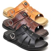 Kit 3 Sandálias Masculinas Couro Solado Borracha Leve Macio Kit 3 Sandálias Masculinas Couro Solado Borracha Leve Macio