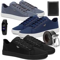 Kit 3 Sapatênis Masculino Casual Confortável Antiderrapante Básico com Relógio Cinto e Carteira