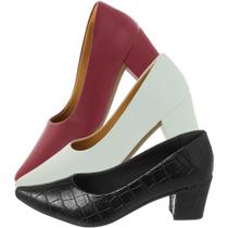 Kit 3 sapato Scarpin feminino bico fino salto grosso branco, preto, vermelho macio conforto - Sacolão dos calçados