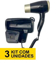 Kit 3 Secador De Cabelos Parede 2000w City Hotel Academia Banheiro Ion Preto Branco Ar Frio Quente