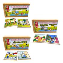 Kit 3 Sequência Lógica Meio Ambiente Poluição, Desmatamento e Desperdício Brinquedo Educativo de Madeira Carlu