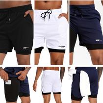 Kit 3 short duplo 2 em 1 bermuda esportiva com bolso interno anti assadura anti odorproteção uv 50