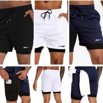 kit 3 short duplo 2 em 1 para academia treino fitness com proteção uv anti assadura Kit 1.Branco, 1.Azul Marinho, 1.Preto