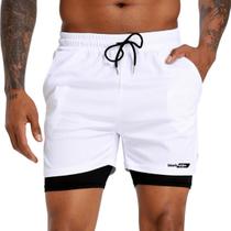 kit 3 short duplo 2 em 1 para academia treino fitness com proteção uv anti assadura Kit 1.Branco, 1.Azul Marinho, 1.Preto