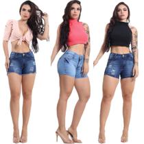 Kit 3 Short Feminino Jeans Com Licra Cintura Alta Desfiado Curto 3 - Kaena