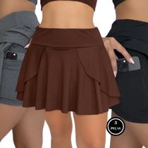 Kit 3 Short Saia Esportiva de Cintura Elástica com Bolsos - KIT 3 FLOR PRETO CINZA E MARROM