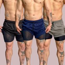 Kit 3 Shorts 2 em 1 Masculino Dry Fit com Bolso e Compressão Academia Corrida Treino Kit 3 Shorts 2 em 1 Masculino Dry Fit com Bolso e Compressão Academia Corrida Treino