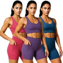 KIT 3 SHORTS Bermuda Leg Legging LISO com BOLSO Suplex Reforçado Fitness Academia Yoga 1055