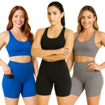 KIT 3 SHORTS Bermuda Leg Legging LISO com BOLSO Suplex Reforçado Fitness Academia Yoga 1055