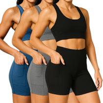 KIT 3 SHORTS Bermuda Leg Legging LISO com BOLSO Suplex Reforçado Fitness Academia Yoga 1055