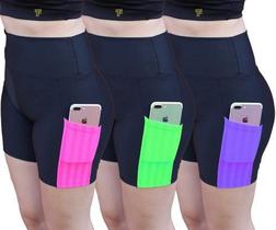 Kit 3 Shorts cintura alta de academia Suplex com bolsos para celular