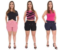 Kit 3 Shorts Curto Feminino Dois Bolsos Elastano Moda Verão