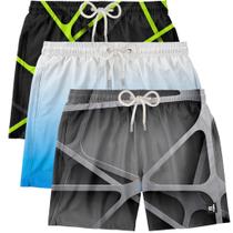 Kit 3 Shorts de Banho Masculino de Praia Estampado Surf Boardshort Moda Casual Tactel
