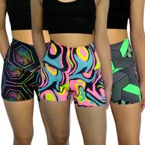 Kit 3 Shorts Femininos Curtos Justos Cós Cintura Alta Estampas Sortidas Suplex Pp ao Plus Size