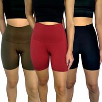 Kit 3 Shorts Femininos Meia Coxa Justos Cós Cintura Alta Lisos Cores Sortidas Suplex PP ao Plus Size