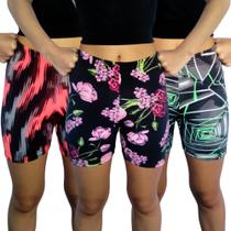 Kit 3 Shorts Femininos Meia Coxa Justos Elástico Estampas Sortidas Suplex PP ao Plus Size Kit 3 Shorts Femininos Meia Coxa Justos Elástico Estampas Sortidas Suplex PP ao Plus Size