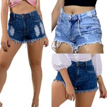 Kit 3 Shorts Jeans Luxo Feminino Cintura Alta Destroyed Hot Pants Detonado Desfiado - Nettshorts