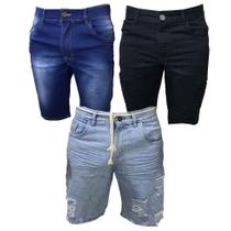 Kit 3 Shorts Jeans Masculina - Azul Lisa, Preta Rasgada, Azul com cordão - Polo Attack