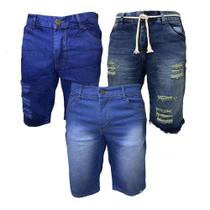 Kit 3 Shorts Jeans Masculina - Azul Rasgada, Azul com Cordão, Azul Lisa - Polo Attack